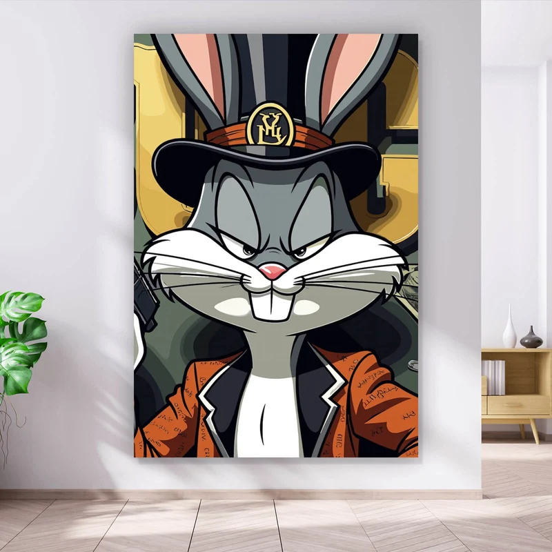 Aluminiumbild Hase mit Zylinder und Pistole Hochformat