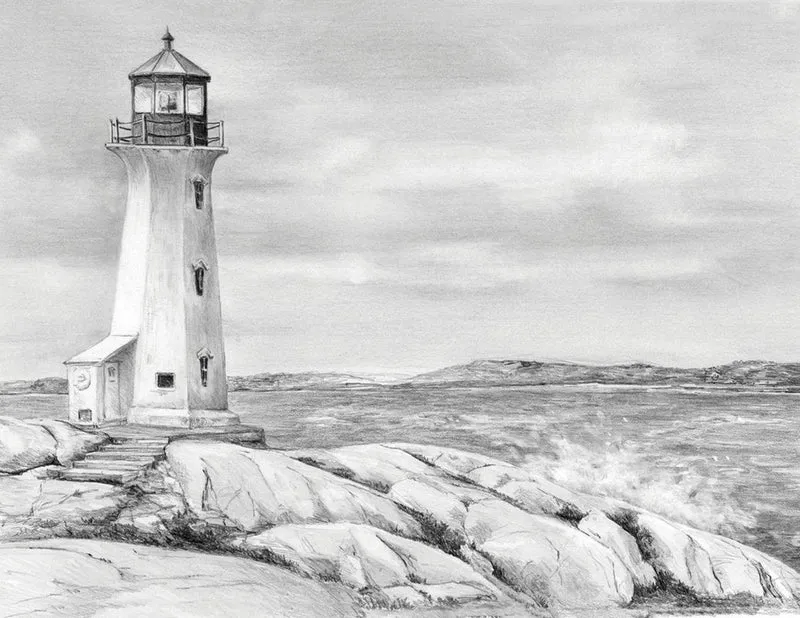 Lighthouse, Set of 6 Pencils, 3H, H, HB, 2B, 5B, 6B, Pre-Drawn Picture, Eraser and Sharpener, 22x28