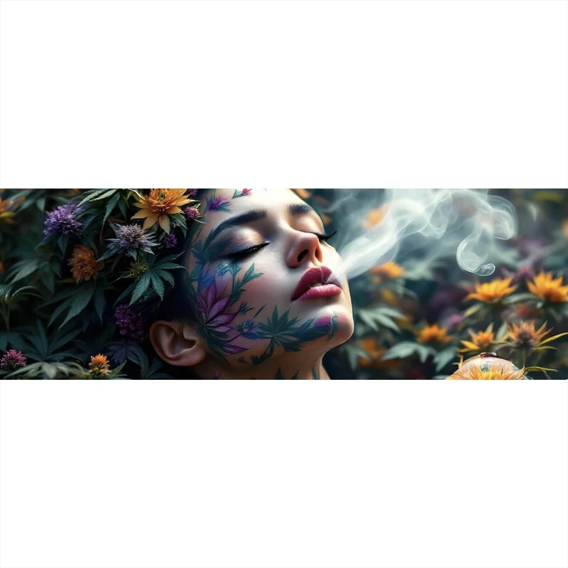 Poster Mystische rauchende Frau mit Blüten Panorama