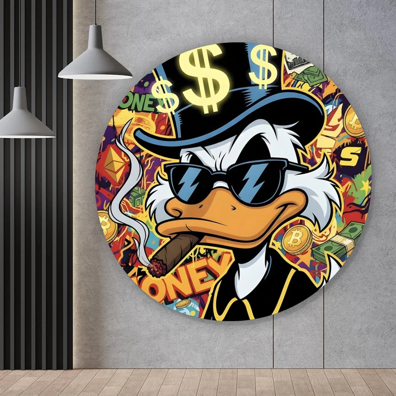 Aluminiumbild Coole Ente mit Zigarre auf Geld Hintergrund Kreis