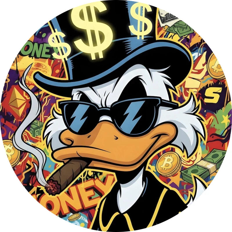 Aluminiumbild Coole Ente mit Zigarre auf Geld Hintergrund Kreis