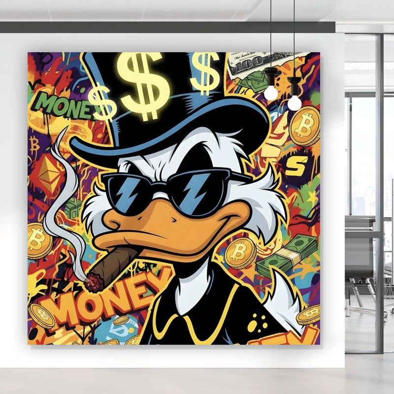 Poster Coole Ente mit Zigarre auf Geld Hintergrund Quadrat