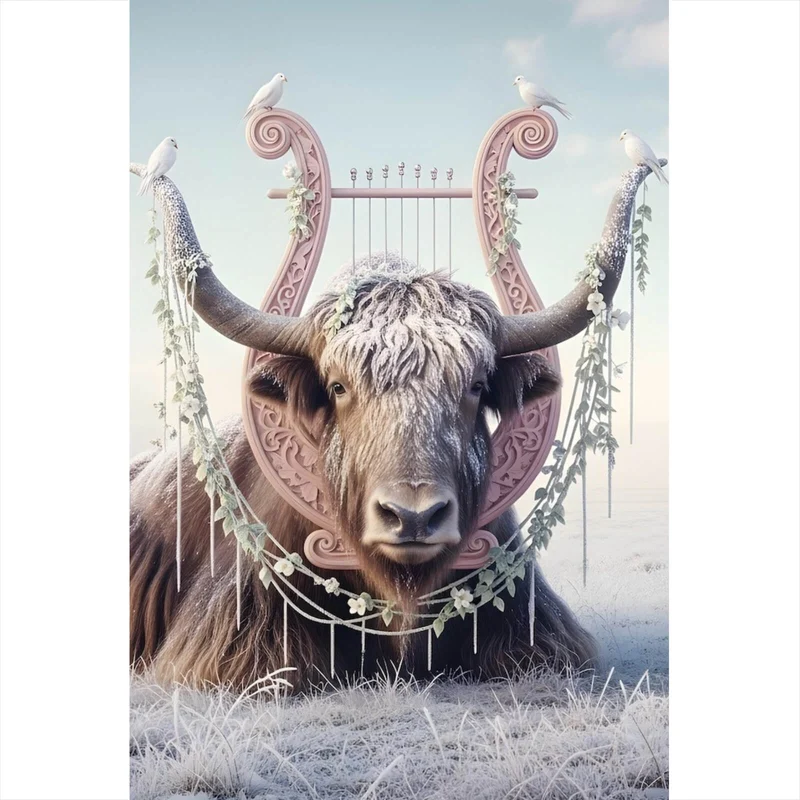 Poster Hochlandrind Mit Dekorativer Harfe Hochformat