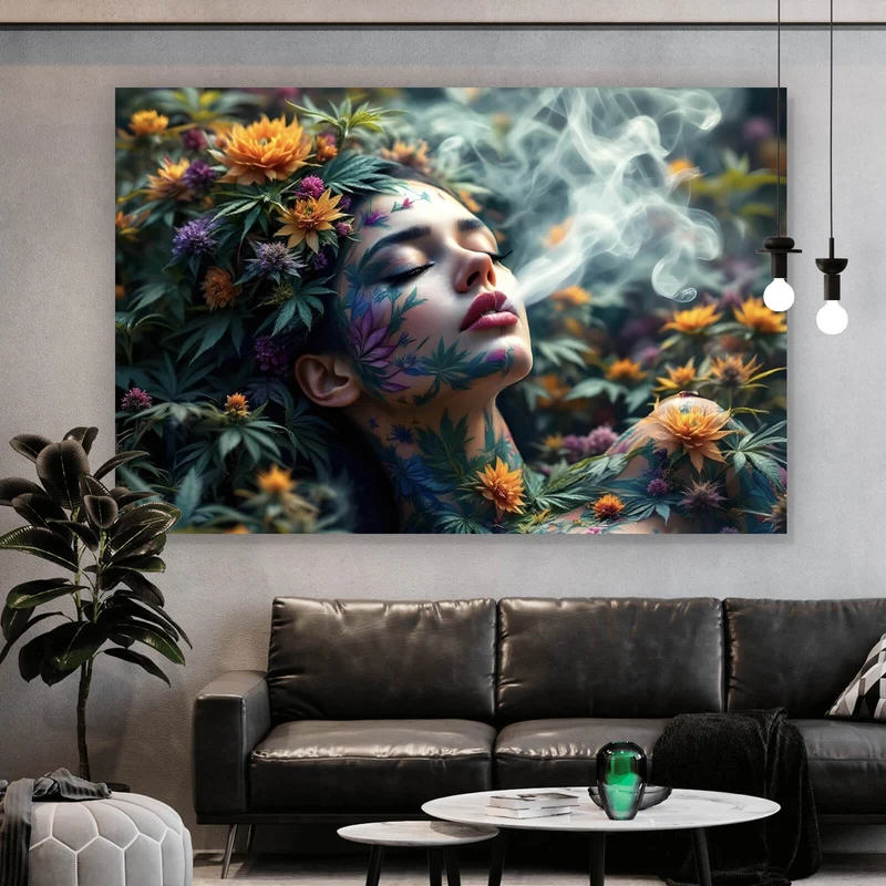 Poster Mystische rauchende Frau mit Blüten Querformat