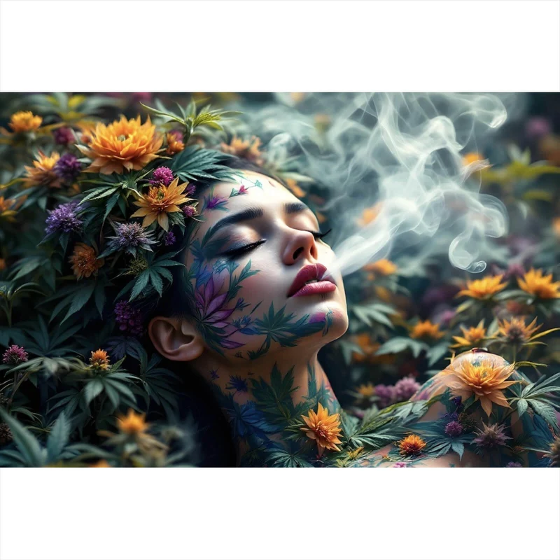Poster Mystische rauchende Frau mit Blüten Querformat