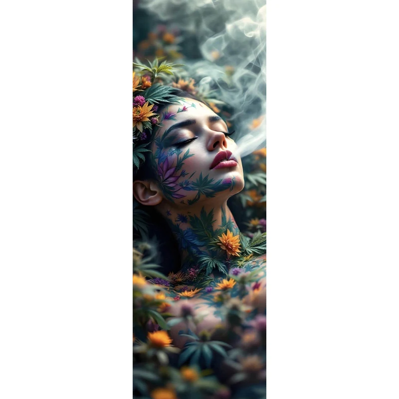 Aluminiumbild gebürstet Mystische rauchende Frau mit Blüten Panorama Hoch