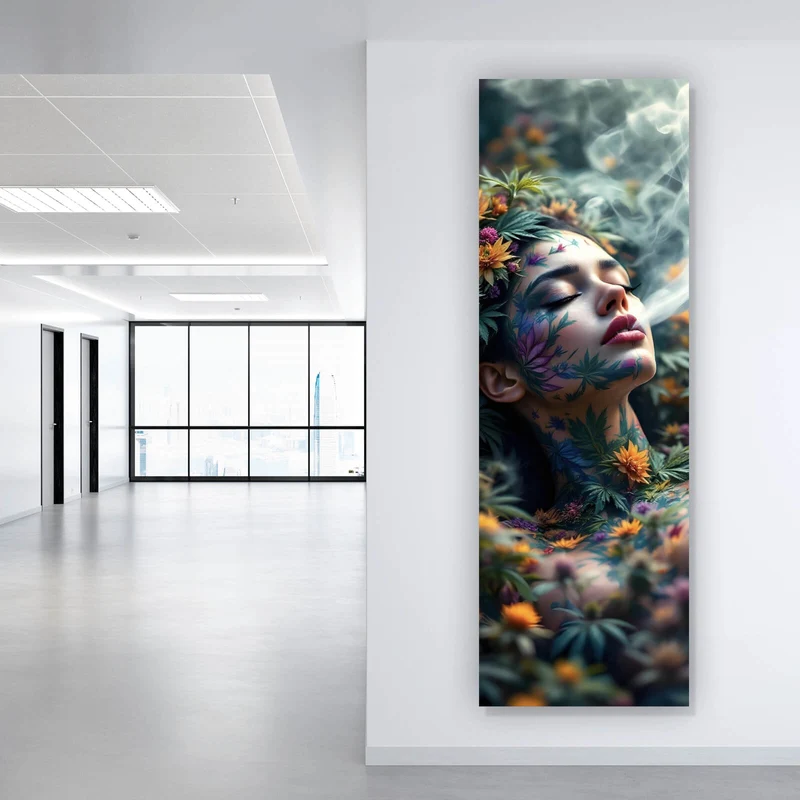 Poster Mystische rauchende Frau mit Blüten Panorama Hoch