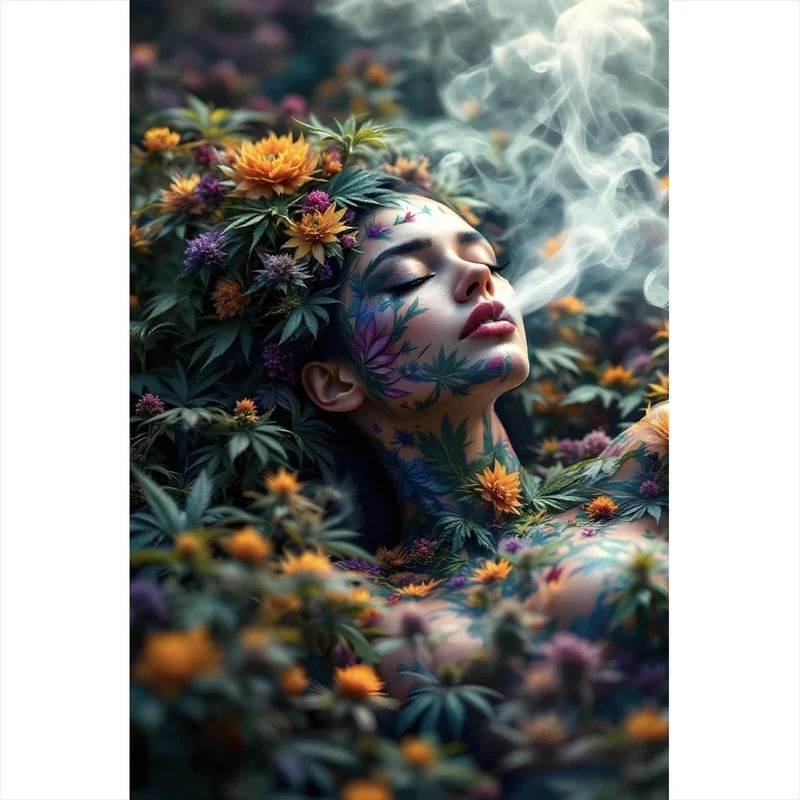 Spannrahmenbild Mystische rauchende Frau mit Blüten Hochformat
