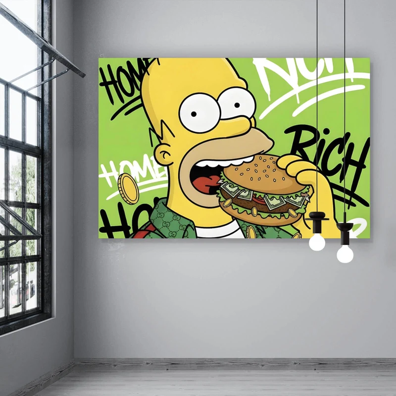 Leinwandbild Figur Isst Burger mit Geld Querformat