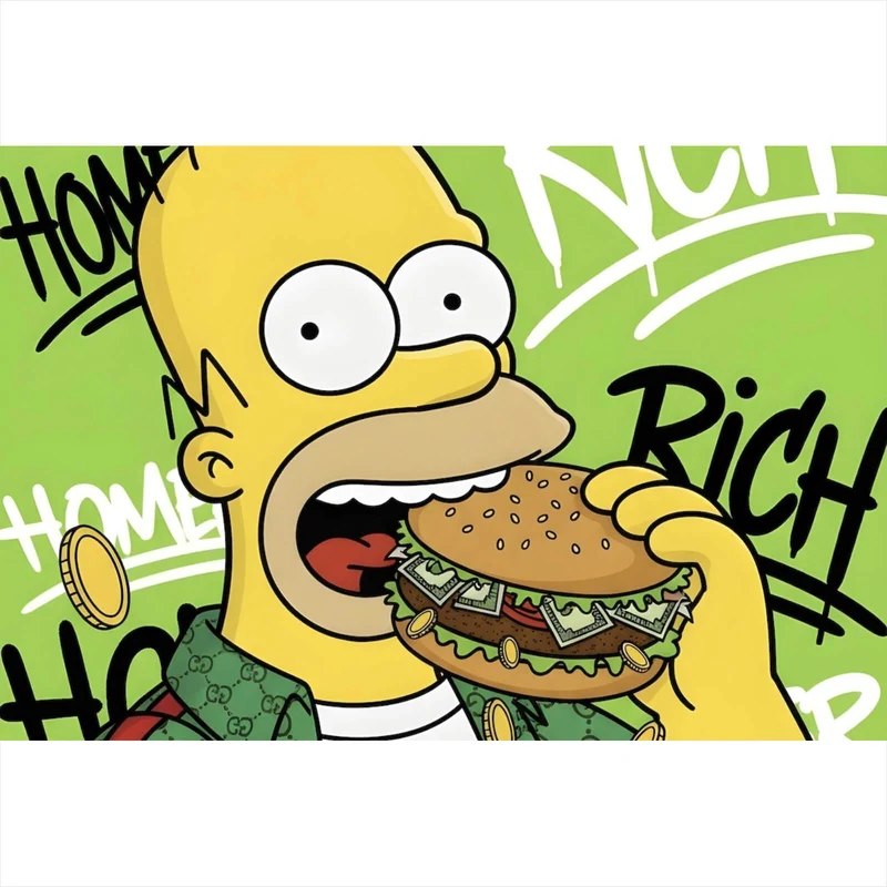 Leinwandbild Figur Isst Burger mit Geld Querformat