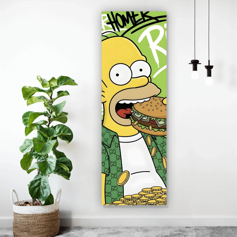 Aluminiumbild gebürstet Figur Isst Burger mit Geld Panorama Hoch