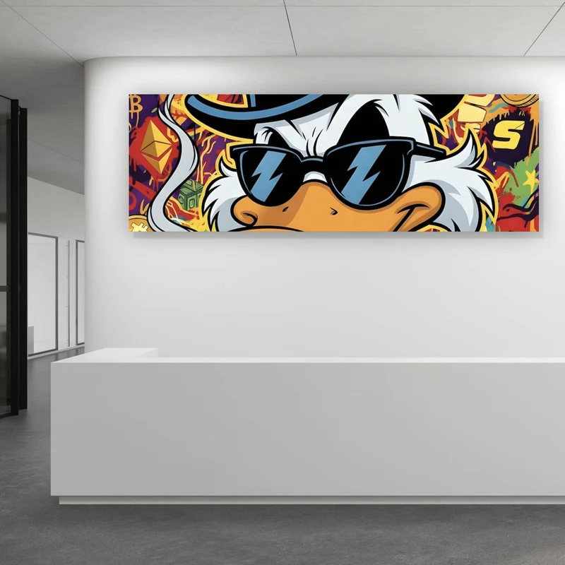 Poster Coole Ente mit Zigarre auf Geld Hintergrund Panorama