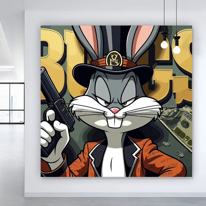 Acrylglasbild Hase mit Zylinder und Pistole Quadrat