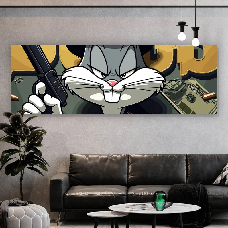 Aluminiumbild Hase mit Zylinder und Pistole Panorama