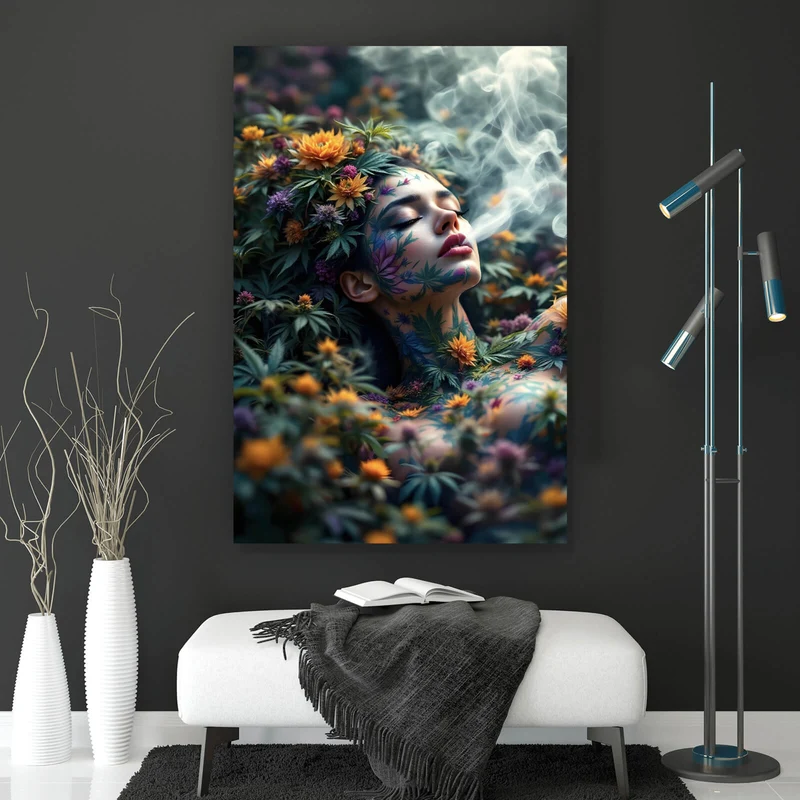 Poster Mystische rauchende Frau mit Blüten Hochformat