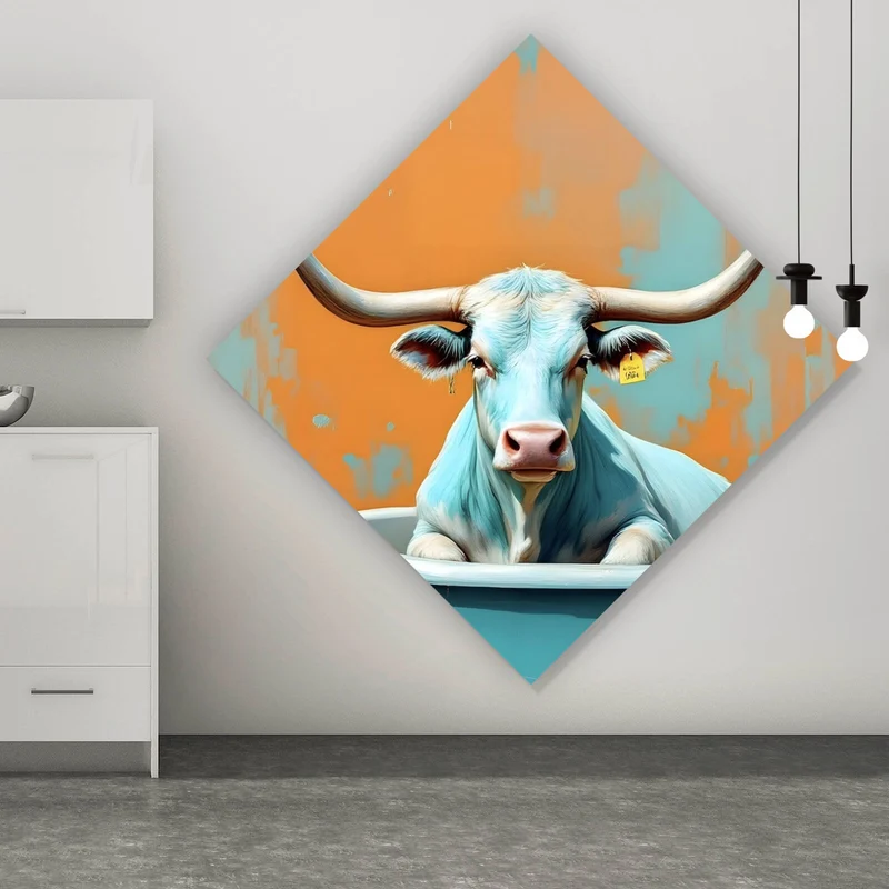 Acrylglasbild Kuh mit langen Hörnern in Badewanne Raute