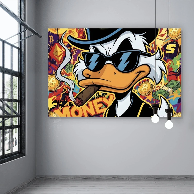 Aluminiumbild Coole Ente mit Zigarre auf Geld Hintergrund Querformat