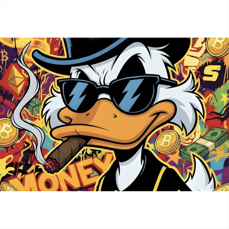 Leinwandbild Coole Ente mit Zigarre auf Geld Hintergrund Querformat