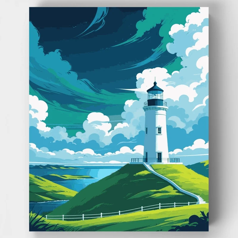 Coastal Lighthouse on Green Hills - Paint by Numbers Kit