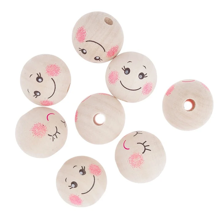 Wooden Round Beads with Faces, 3 cm / Set of 8