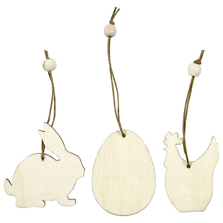 Hanging Wooden Ornaments, Set of 9, Rabbit, Egg, Chicken