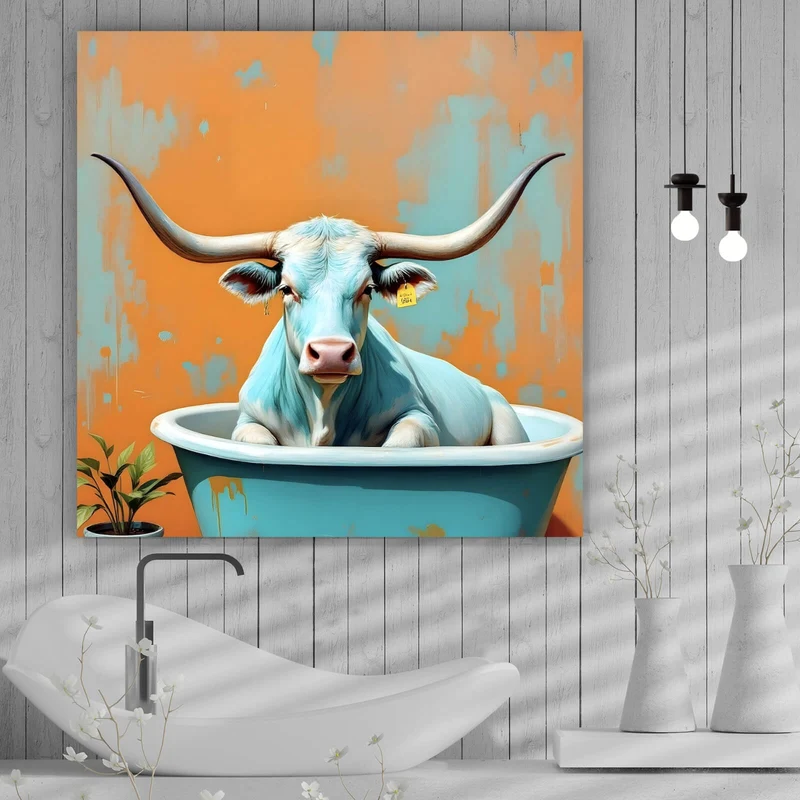 Acrylglasbild Kuh mit langen Hörnern in Badewanne Quadrat