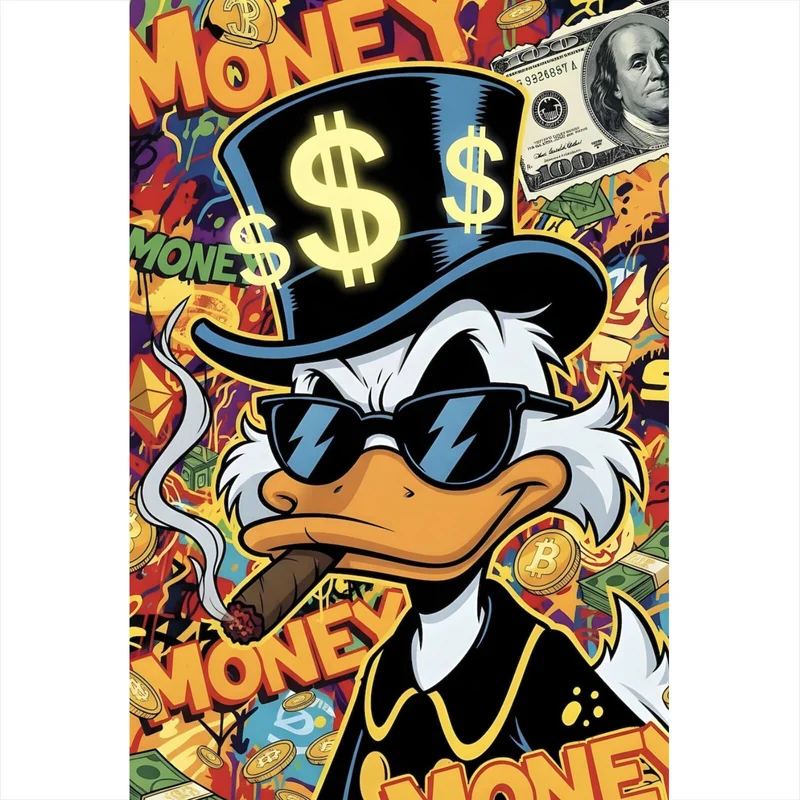 Aluminiumbild Coole Ente mit Zigarre auf Geld Hintergrund Hochformat