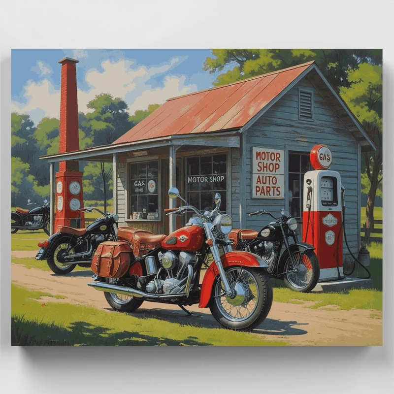 Vintage Motor Shop with Classic Motorcycles - Paint by Numbers Kit