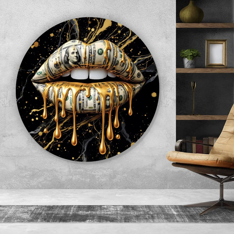 Aluminiumbild Luxuriöse Geldlippen mit goldenen Akzenten Kreis