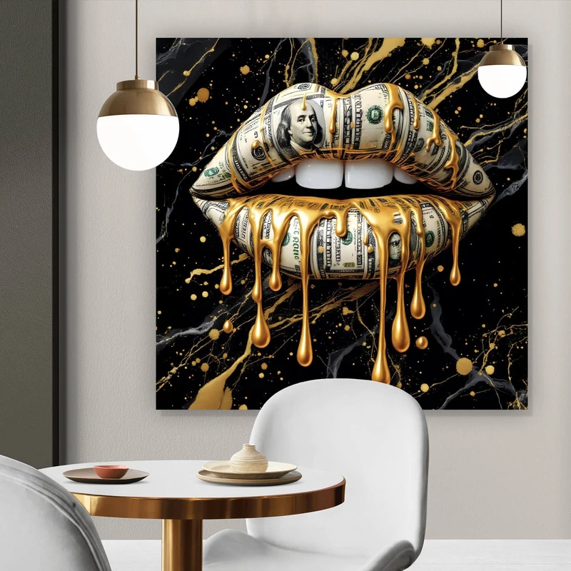 Acrylglasbild Luxuriöse Geldlippen mit goldenen Akzenten Quadrat