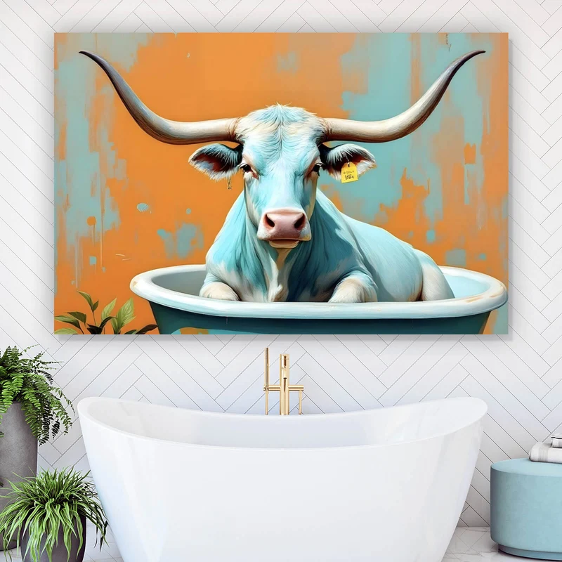 Aluminiumbild Kuh mit langen Hörnern in Badewanne Querformat
