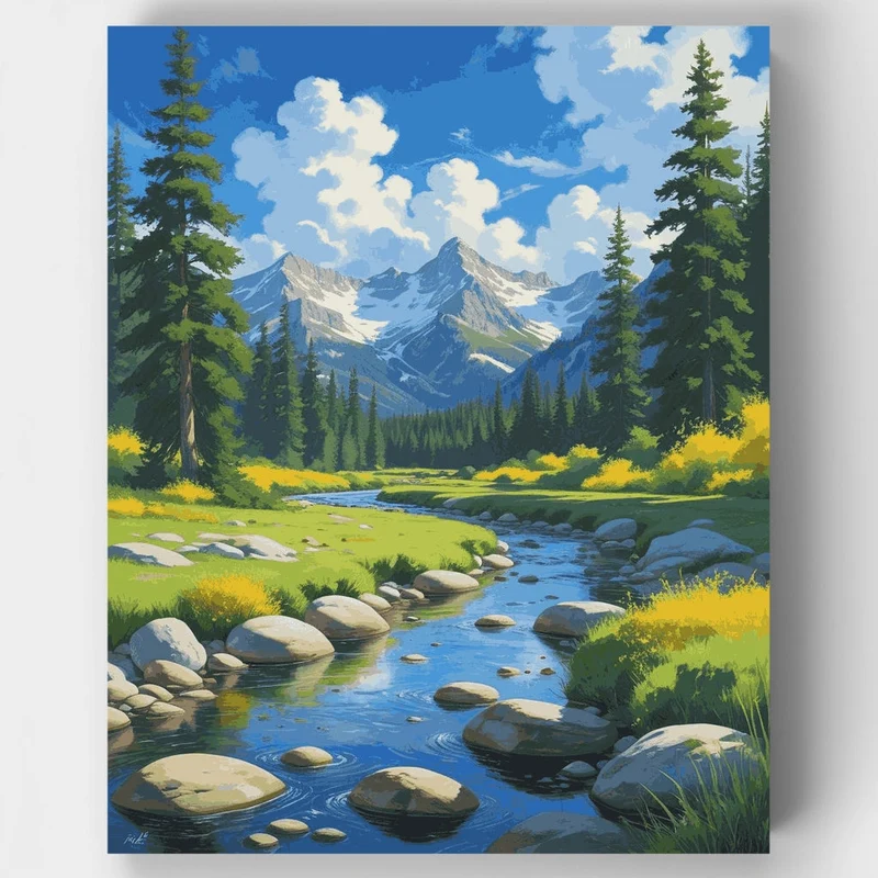 Mountain Stream Valley Landscape - Paint by Numbers Kit