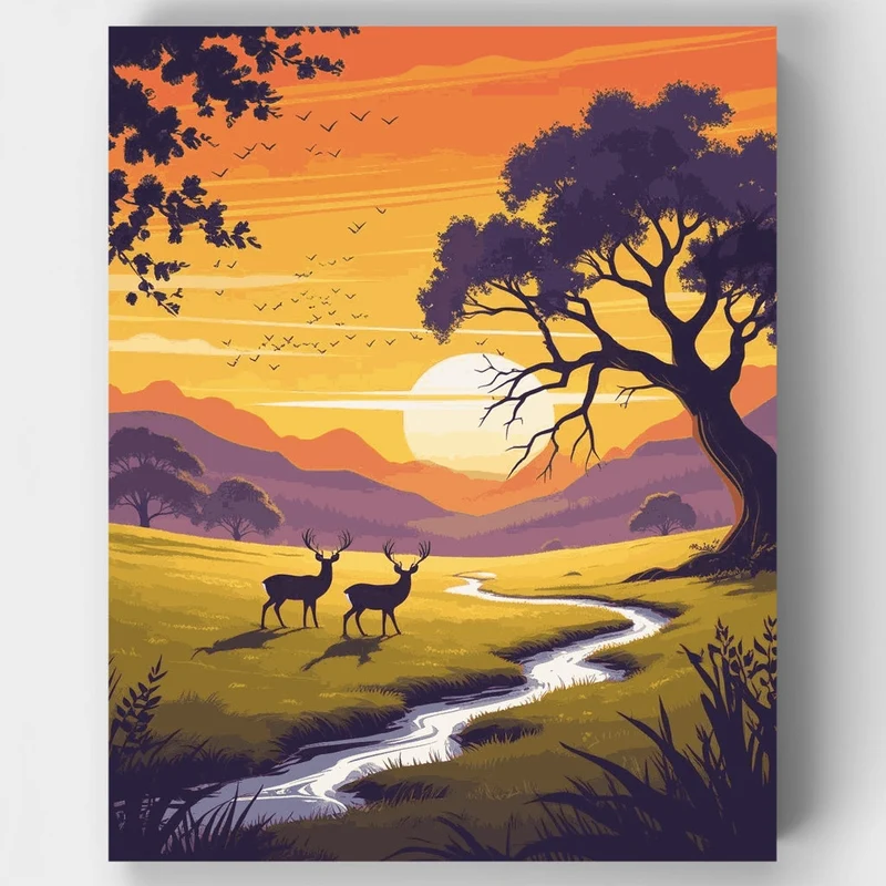 African Savanna Sunset with Deer - Paint by Numbers Kit