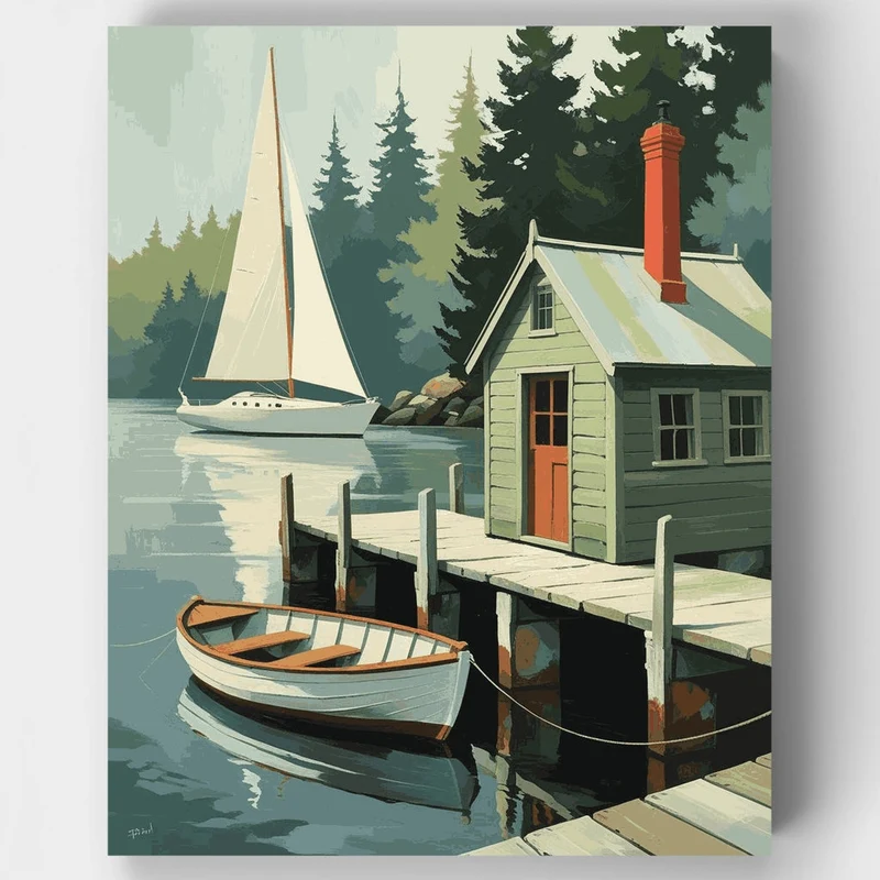 Lakeside Cottage with Sailboat - Paint by Numbers Kit