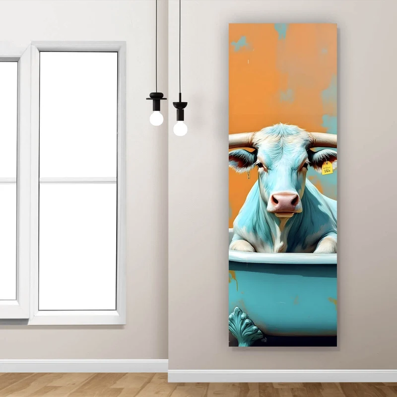 Leinwandbild Kuh mit langen Hörnern in Badewanne Panorama Hoch