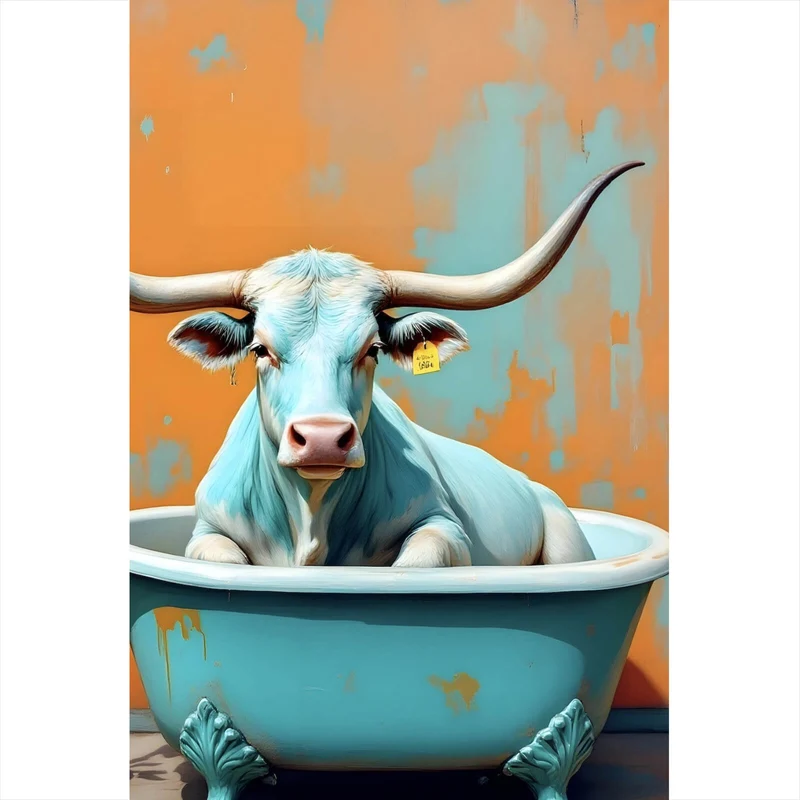 Leinwandbild Kuh mit langen Hörnern in Badewanne Hochformat