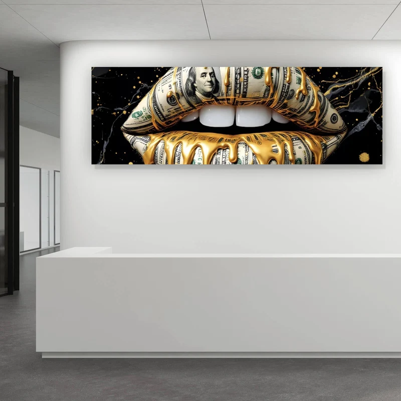 Aluminiumbild gebürstet Luxuriöse Geldlippen mit goldenen Akzenten Panorama