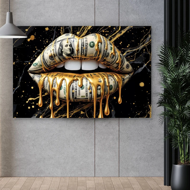 Aluminiumbild gebürstet Luxuriöse Geldlippen mit goldenen Akzenten Querformat