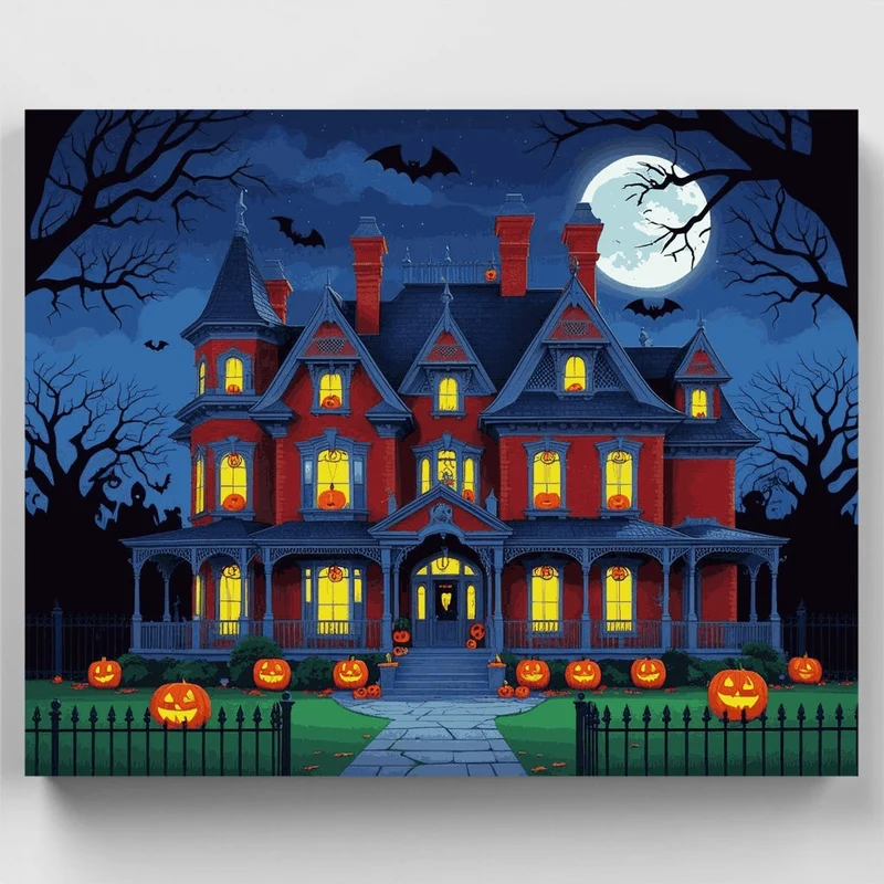 Halloween Haunted House with Jack-o'-Lanterns - Paint by Numbers Kit