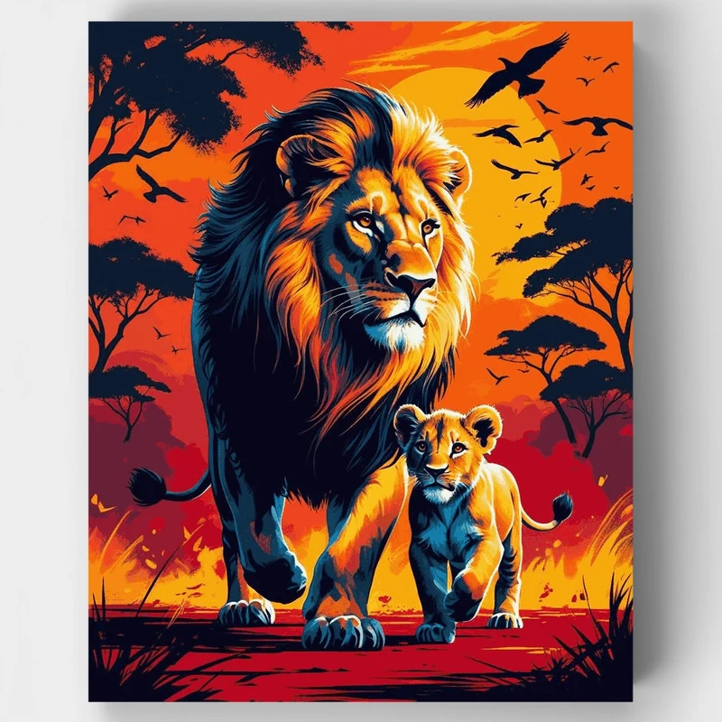 Majestic Lion Father and Cub African Sunset - Paint by Numbers Kit