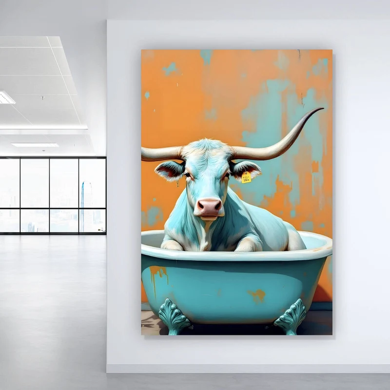 Poster Kuh mit langen Hörnern in Badewanne Hochformat