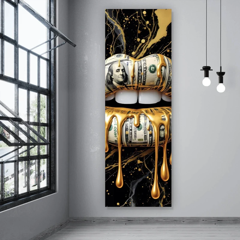 Poster Luxuriöse Geldlippen mit goldenen Akzenten Panorama Hoch