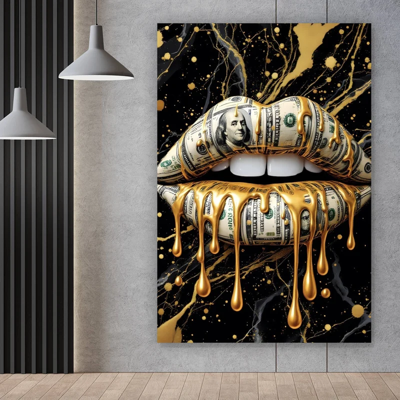 Poster Luxuriöse Geldlippen mit goldenen Akzenten Hochformat