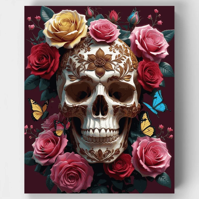 Decorated Skull with Roses - Paint by Numbers Kit