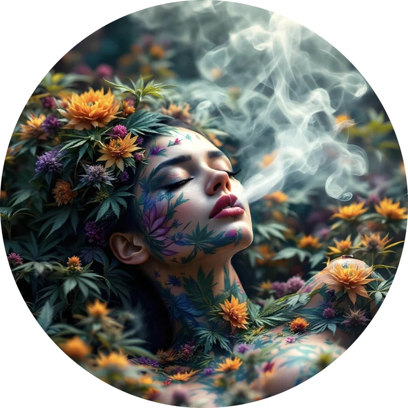 Aluminiumbild Mystische rauchende Frau mit Blüten Kreis