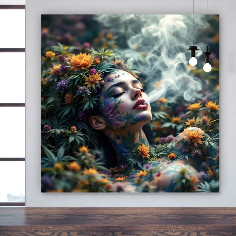 Aluminiumbild Mystische rauchende Frau mit Blüten Quadrat