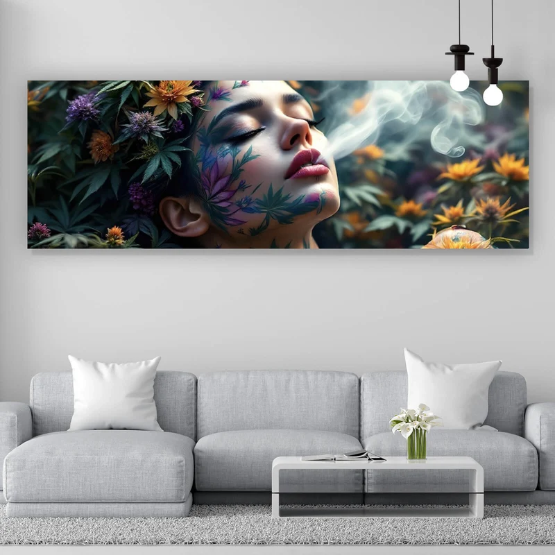 Spannrahmenbild Mystische rauchende Frau mit Blüten Panorama