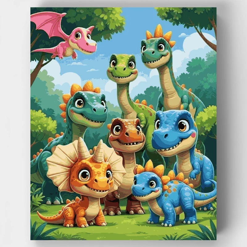 Cute Cartoon Dinosaurs in Forest - Paint by Numbers Kit