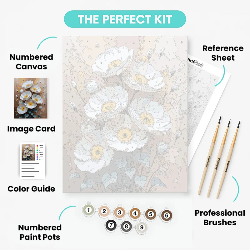 White Poppies Abstract Floral - Paint by Numbers Kit