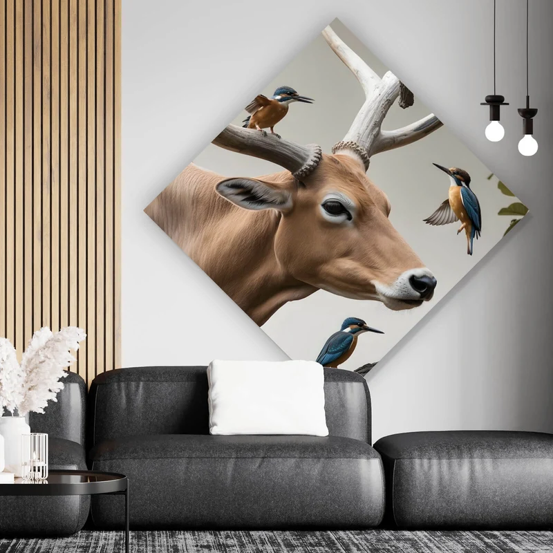Aluminiumbild gebürstet Hirsch Vögel Kunstwerk Raute